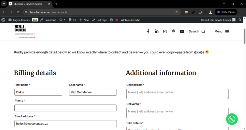 Fill out your personal details plus the collection and delivery details