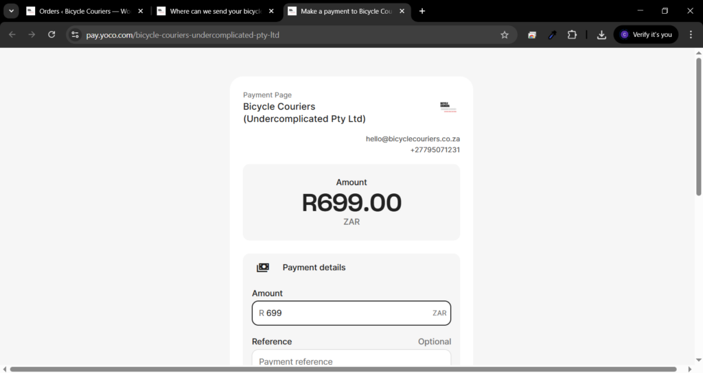 Optional online card payment screenshot for when you book bicycle transport online