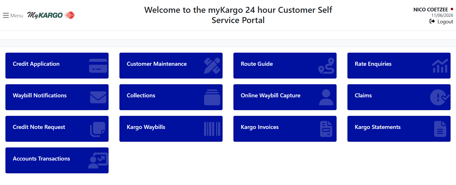 Welcome to the myKARGO 24hr customer self service portal - which is a really clever way for describing something that should be available 247 by default - I love it :)